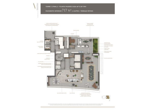 Planta oficial do pavimento inferior do duplex de 717 m² do Tower Venezia
