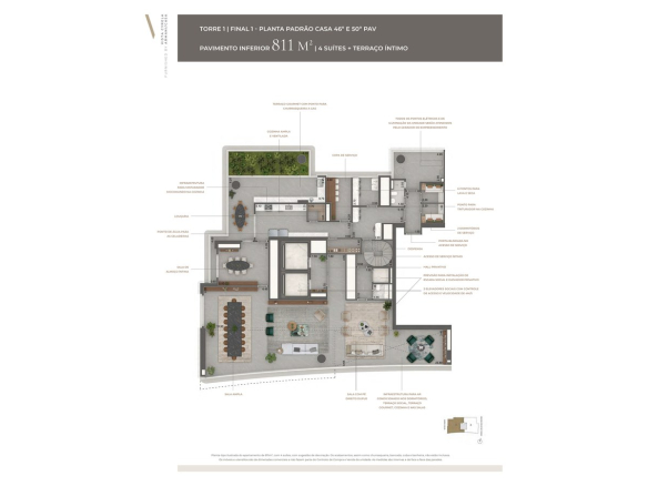 Planta oficial do pavimento inferior do duplex de 811 m² do Tower Venezia