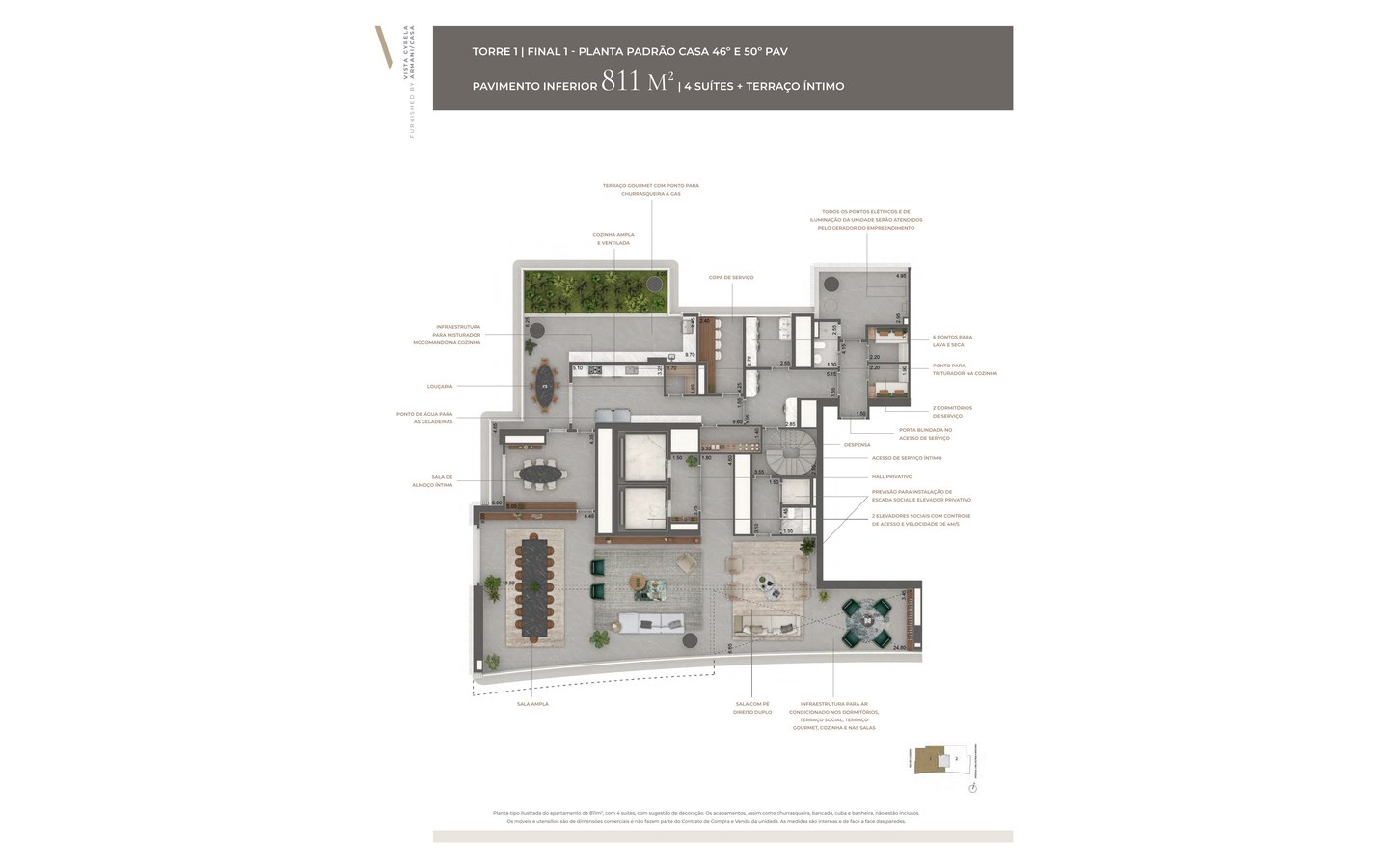Planta oficial do pavimento inferior do duplex de 811 m² do Tower Venezia