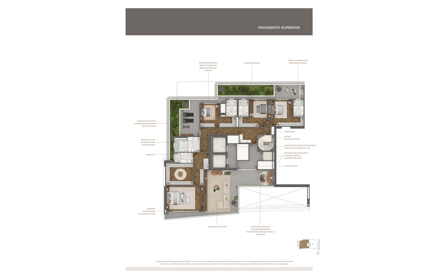 Planta oficial do pavimento superior do duplex de 811 m² do Tower Venezia