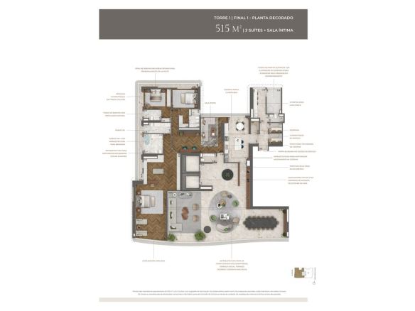 Planta decorada oficial de 515 m² do Tower Venezia com 3 suítes e sala íntima