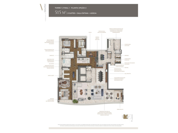Planta opção 2 oficial de 515 m² do Tower Venezia com 3 suítes, sala íntima e adega