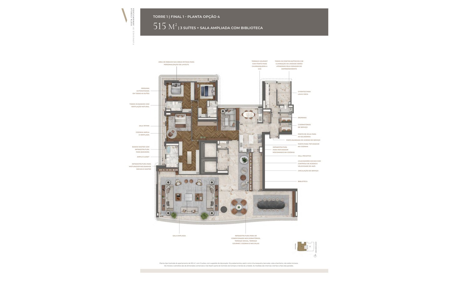 Planta opção 4 oficial de 515 m² do Tower Venezia com 3 suítes e biblioteca