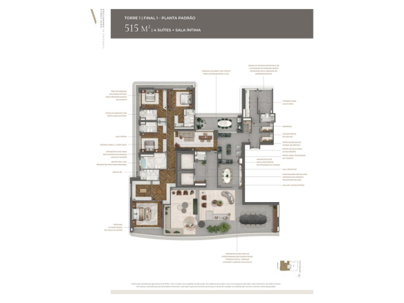 Planta padrão oficial de 515 m² do Tower Venezia com 4 suítes e sala íntima