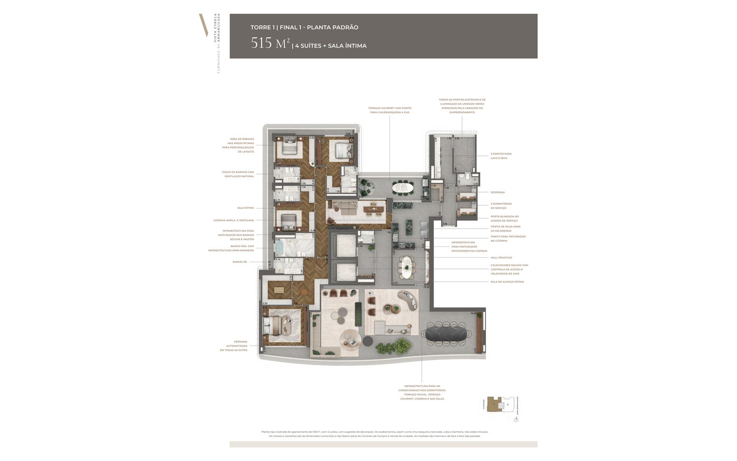 Planta padrão oficial de 515 m² do Tower Venezia com 4 suítes e sala íntima