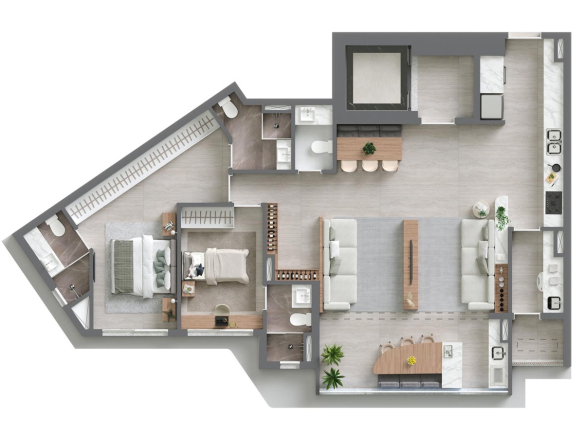 Planta apresentada para a opção de 160 m² com living ampliado no Vista Alphagran