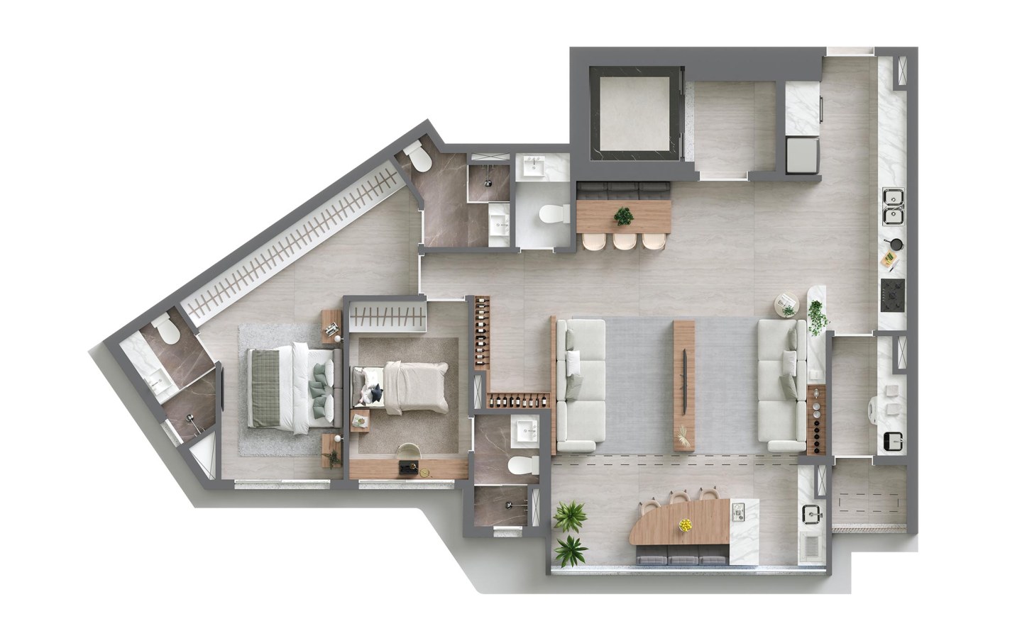 Planta apresentada para a opção de 160 m² com living ampliado no Vista Alphagran