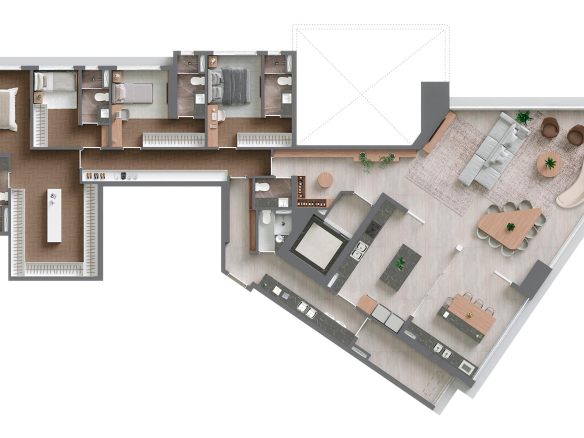 Vista Alphagran — Planta277 m² de quatro suítes, desenho individual oficial