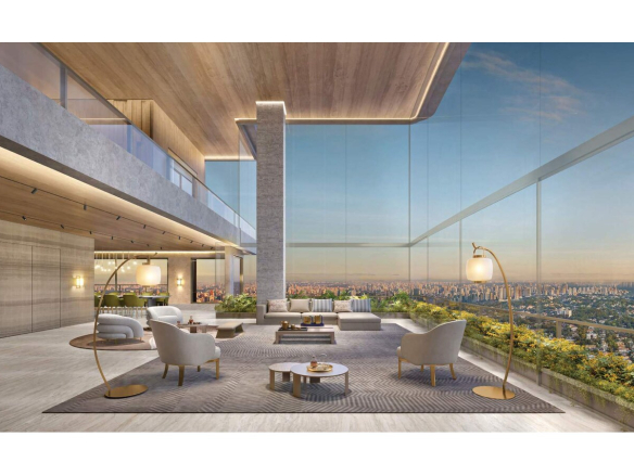 Perspectiva da área social da penthouse final 1 de 710 m² da Torre Milano