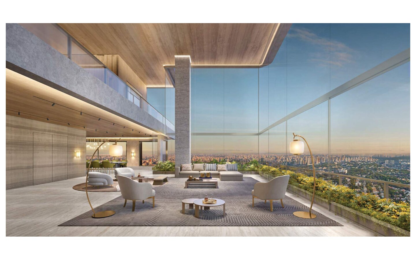 Perspectiva da área social da penthouse final 1 de 710 m² da Torre Milano