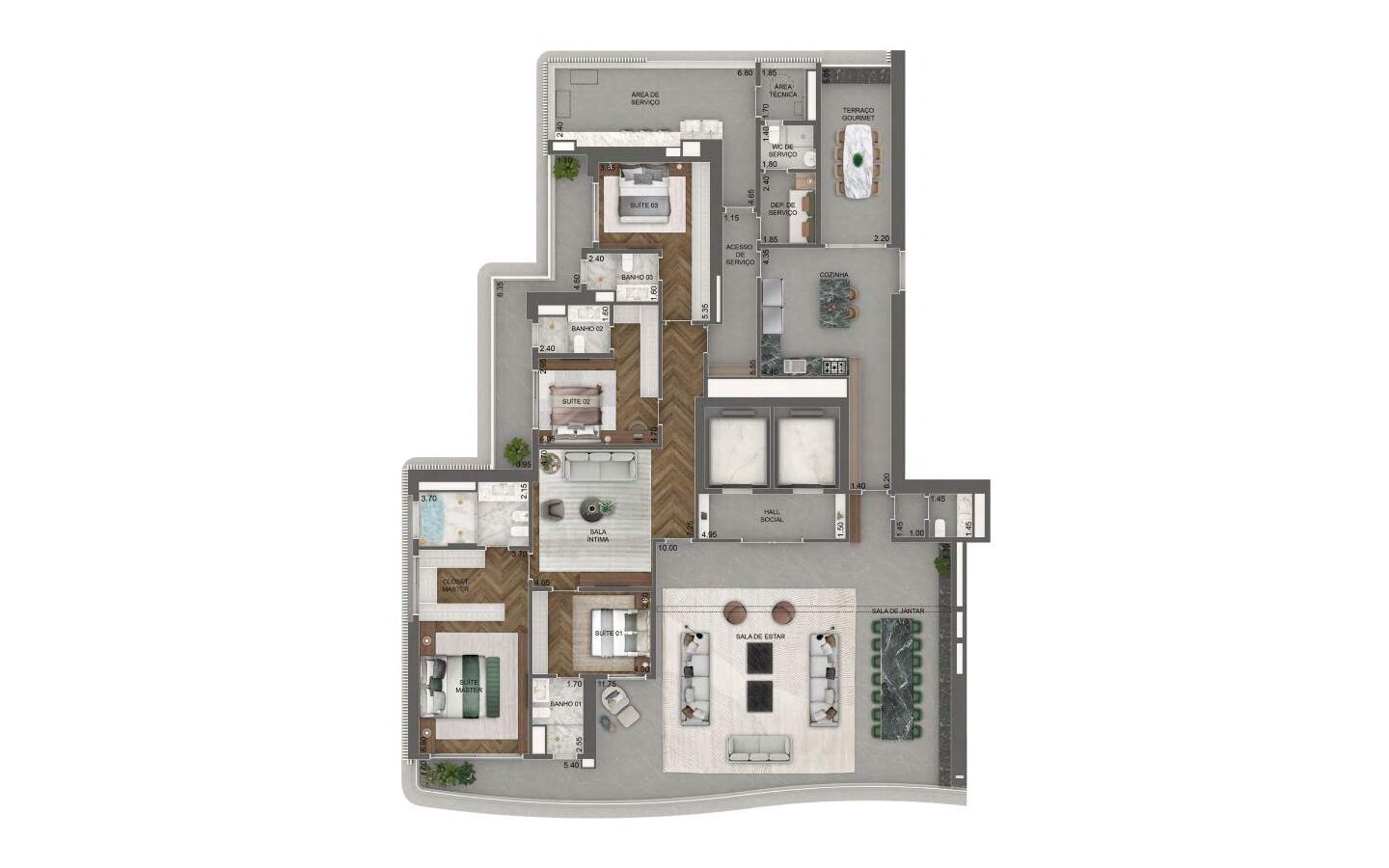Planta oficial do apartamento de 372 m² com 4 suítes no Vista Cyrela Torre Milano