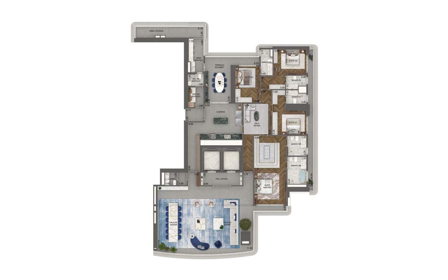 Planta oficial do apartamento de 376 m² com 4 suítes no Vista Cyrela Torre Milano