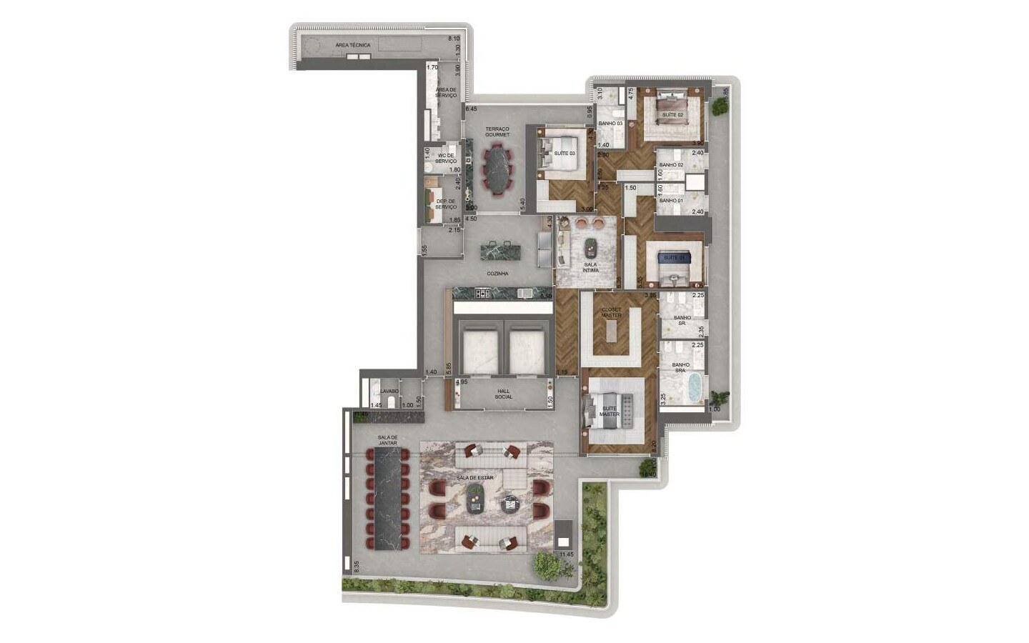 Planta oficial do apartamento de 395 m² com 4 suítes no Vista Cyrela Torre Milano