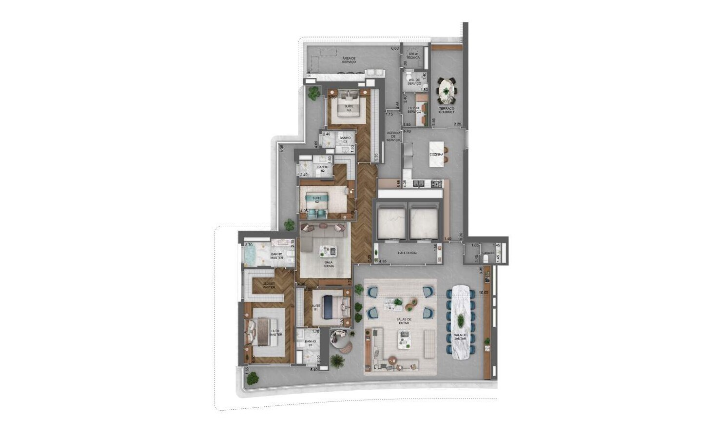 Planta oficial do apartamento de 403 m² com 4 suítes no Vista Cyrela Torre Milano