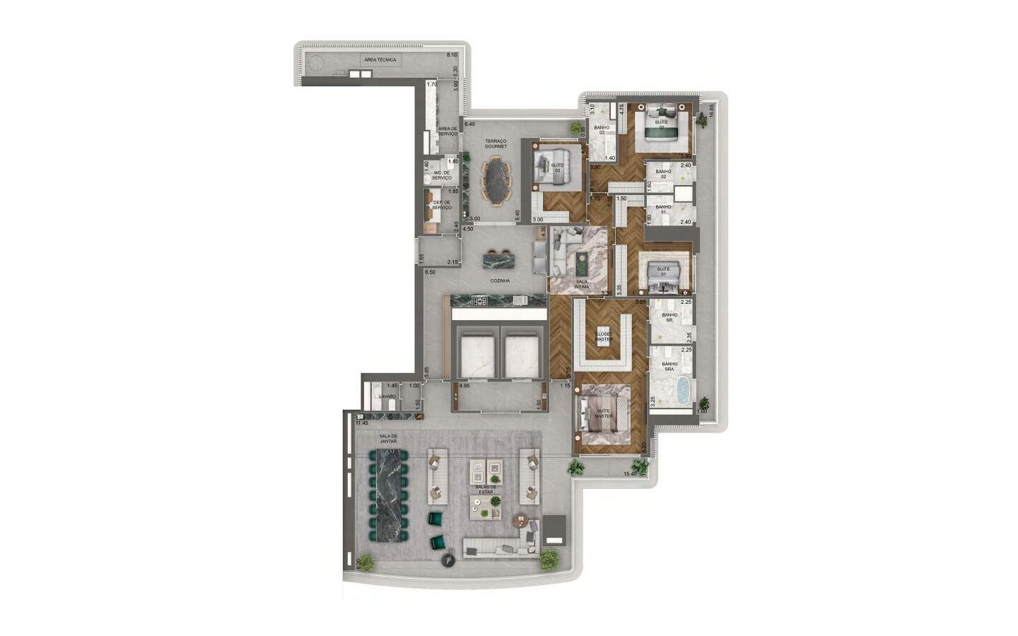 Planta oficial do apartamento de 411,5 m² com 4 suítes no Vista Cyrela Torre Milano
