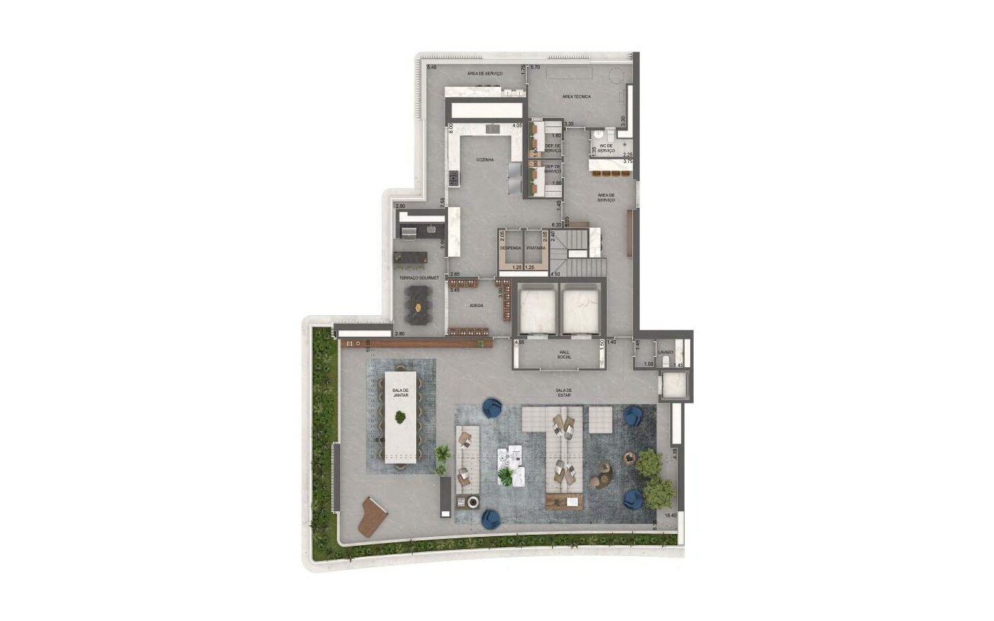 Planta oficial do pavimento inferior da cobertura duplex de 708 m² no Vista Cyrela Torre Milano