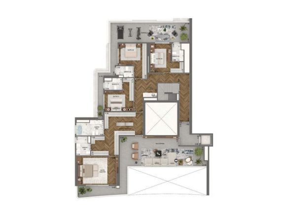 Planta oficial do pavimento superior da cobertura duplex de 708 m² no Vista Cyrela Torre Milano