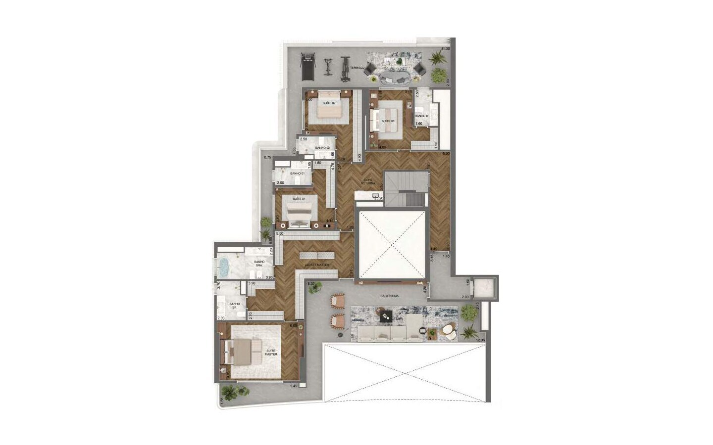 Planta oficial do pavimento superior da cobertura duplex de 708 m² no Vista Cyrela Torre Milano
