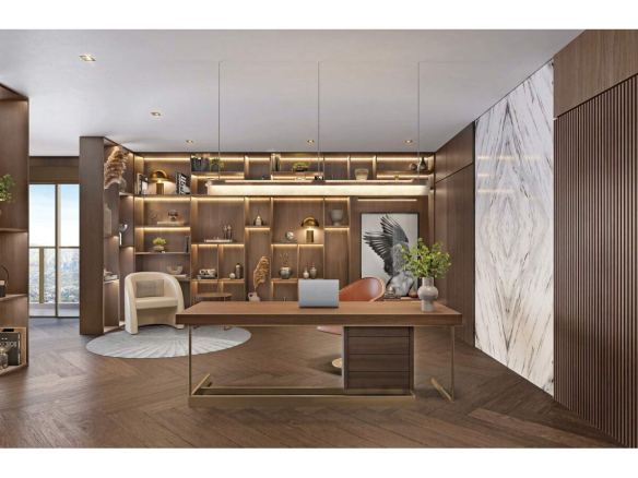 Perspectiva da planta tipo final 1 com suíte ampliada e home office na Torre Milano
