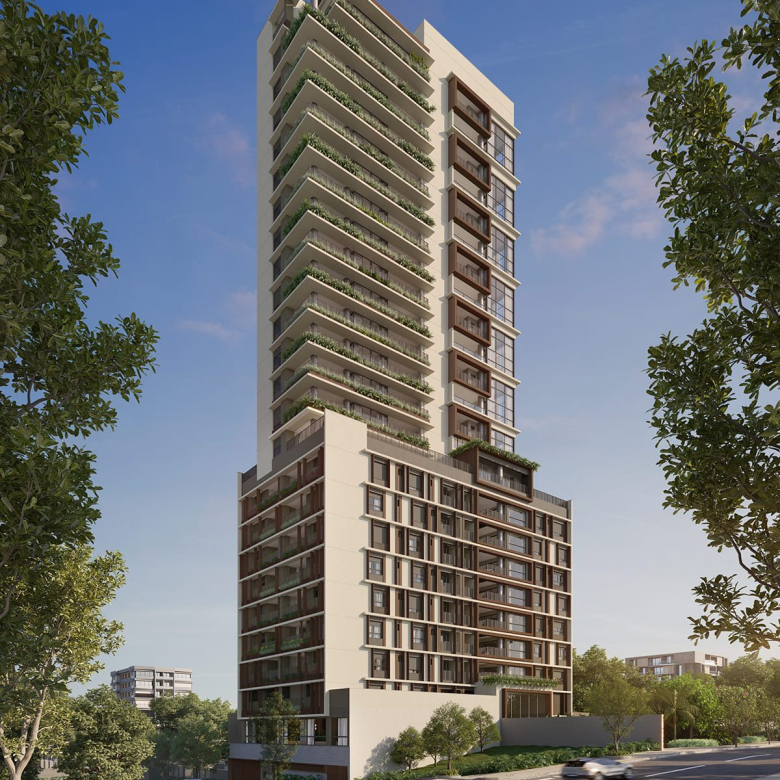 Fachada diurna do Aiká Moema, anúncio de 124 m² com 2 suítes