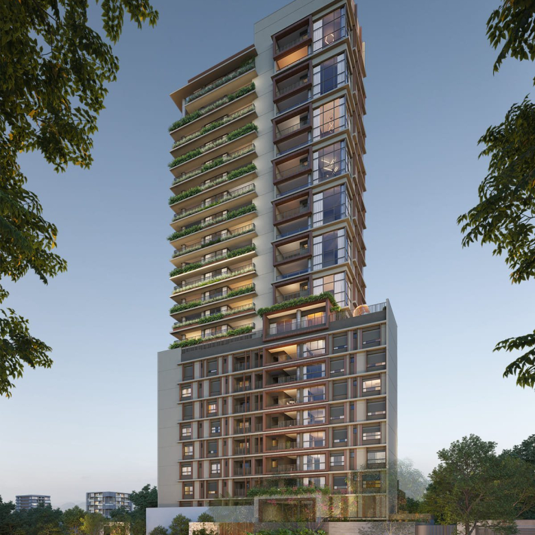 Fachada noturna do Aiká Moema, anúncio de 124 m² com 3 suítes