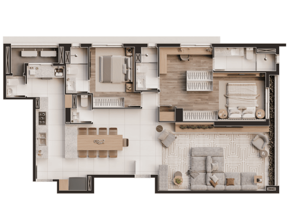 Planta de 124 m² com duas suítes, closets e banhos independentes no Aiká Moema
