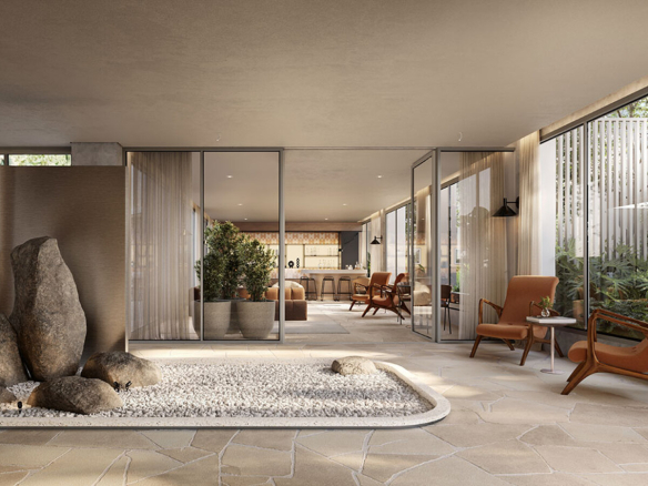 Ambiente de convivência com jardim interno do Aléia Jardins, perspectiva oficial da SDI