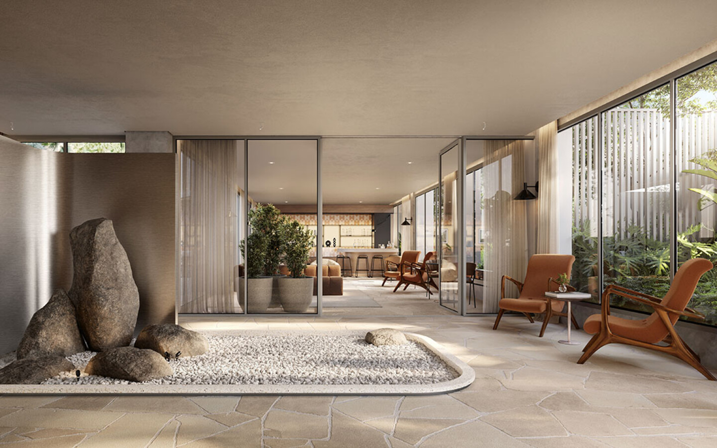 Ambiente de convivência com jardim interno do Aléia Jardins, perspectiva oficial da SDI