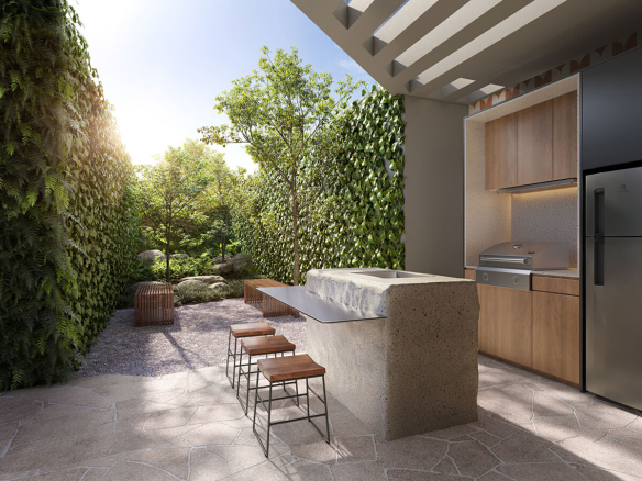 Espaço gourmet externo do Aléia Jardins, perspectiva oficial da SDI