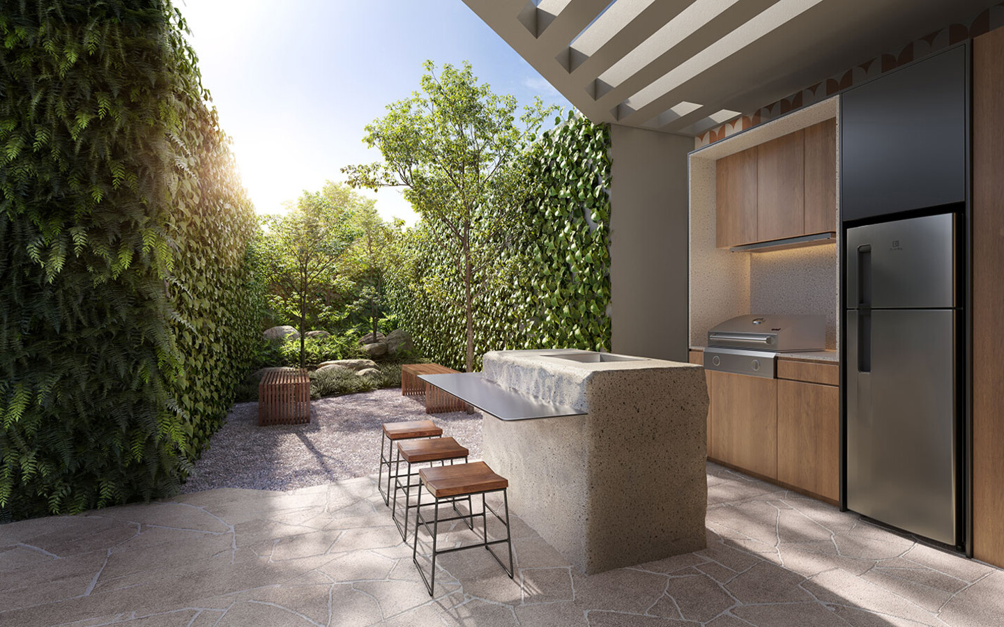 Espaço gourmet externo do Aléia Jardins, perspectiva oficial da SDI