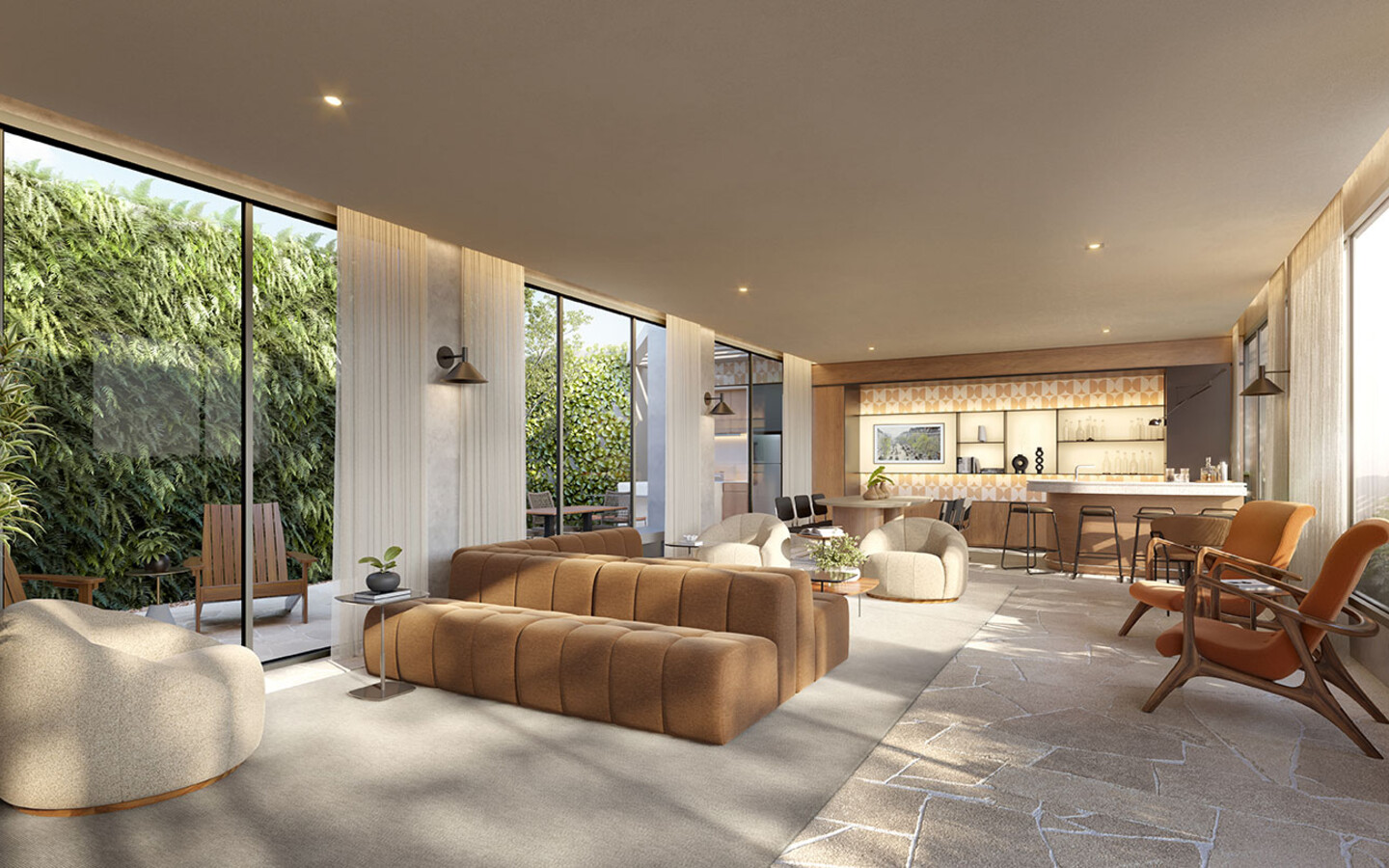 Lounge integrado ao jardim do Aléia Jardins, perspectiva oficial da SDI