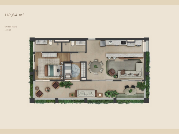 Aléia Jardins 112 m²: planta da unidade 122, com área privativa exata de 112,64 m².