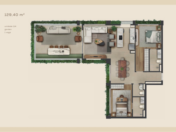 Planta 129,40 m² — Garden — unidade 114 do Aléia Jardins, conforme book da SDI.