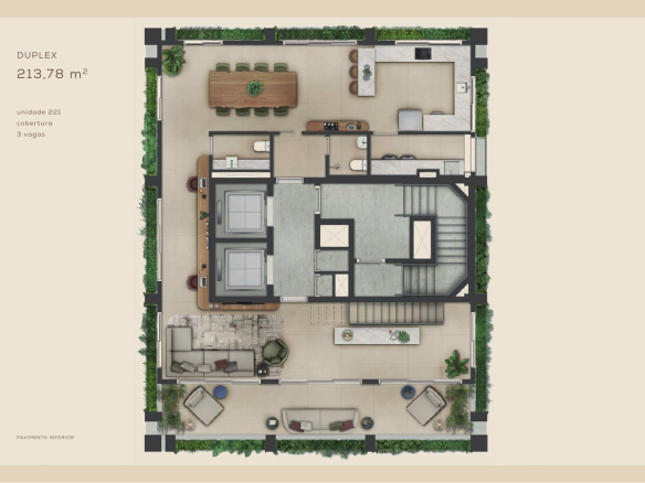 Planta 213,78 m² — Cobertura duplex — unidade 221 — pavimento inferior do Aléia Jardins, conforme book da SDI.
