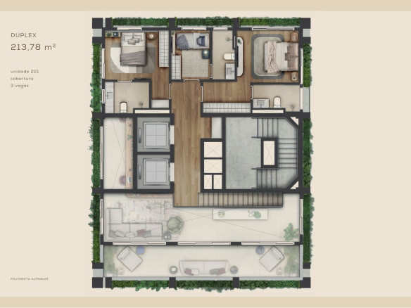 Planta 213,78 m² — Cobertura duplex — unidade 221 — pavimento superior do Aléia Jardins, conforme book da SDI.
