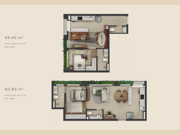 Planta 44,40 m² — Final 4 — 4º ao 7º pavimento / 50,93 m² — Final 6 — 4º ao 7º pavimento do Aléia Jardins, conforme book da SDI.