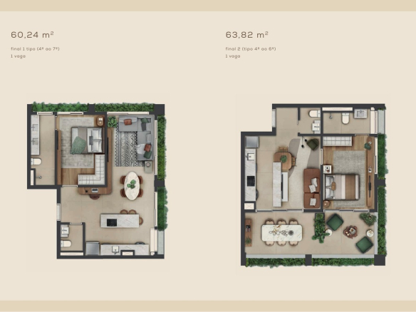Planta 60,24 m² — Final 1 — 4º ao 7º pavimento / 63,82 m² — Final 2 — 4º ao 6º pavimento do Aléia Jardins, conforme book da SDI.