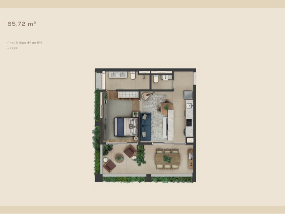Planta 65,72 m² — Final 3 — 4º ao 6º pavimento do Aléia Jardins, conforme book da SDI.