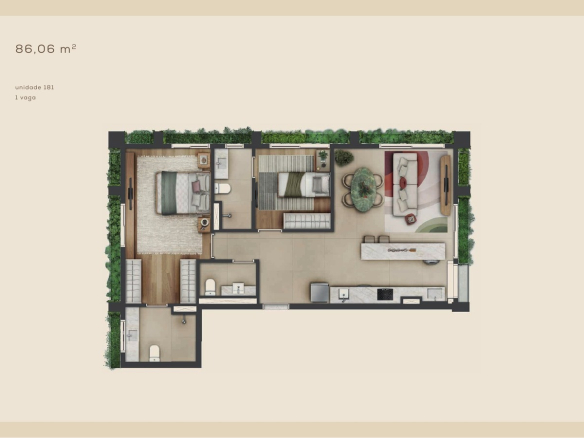Planta 86,06 m² — Unidade 181 do Aléia Jardins, conforme book da SDI.