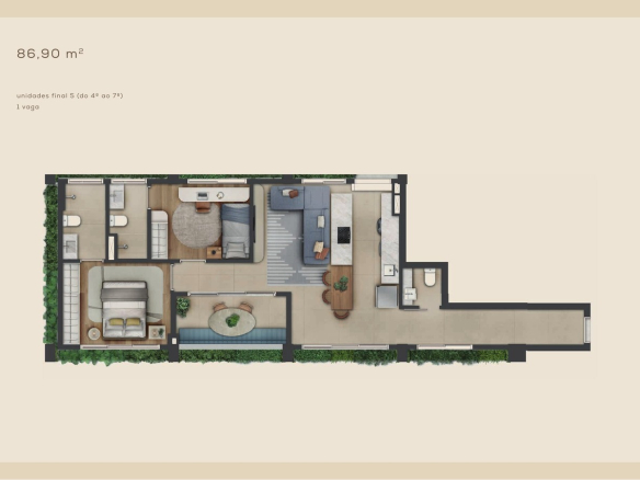 Planta 86,90 m² — Final 5 — 4º ao 7º pavimento do Aléia Jardins, conforme book da SDI.