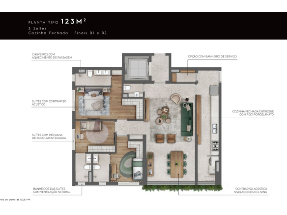 Almá Pinheiros 123 m2 — planta de 123,53 m² com três suítes e cozinha fechada