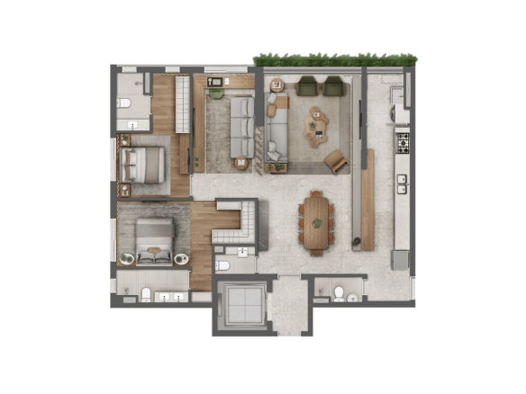 Planta 123 m² com 2 suítes e living ampliado — Almá Pinheiros
