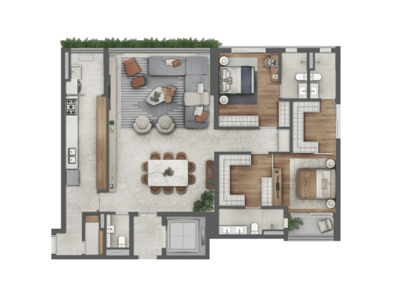 Planta 150 m² com 2 suítes e cozinha fechada — Almá Pinheiros