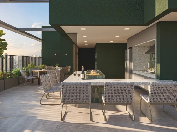 Espaço grill e wine lounge do empreendimento Alves Pinheiros em São Paulo