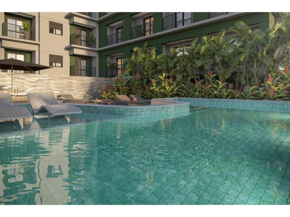 Piscina e solarium do empreendimento Alves Pinheiros em São Paulo