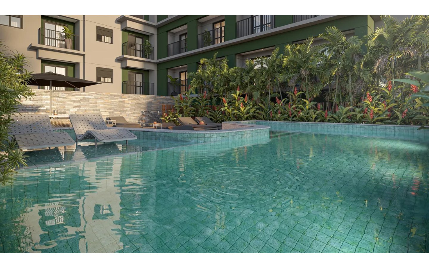 Piscina e solarium do empreendimento Alves Pinheiros em São Paulo