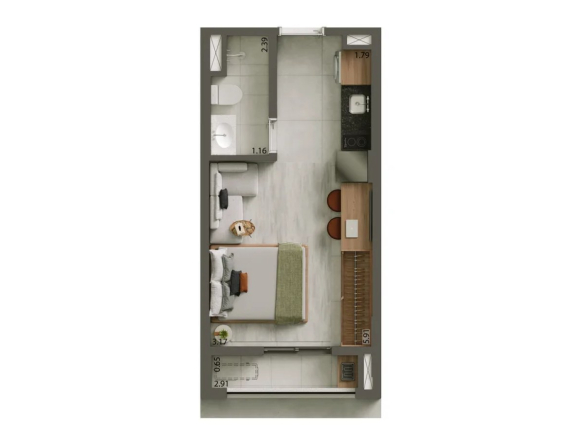 Planta de 24 m² com estar e dormir integrados no Alves Pinheiros