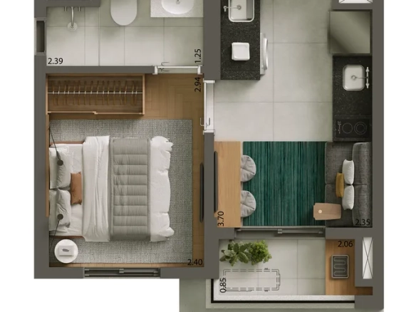 Planta 24 m² - 1 dormitório - Tipologia B do empreendimento Alves Pinheiros em São Paulo