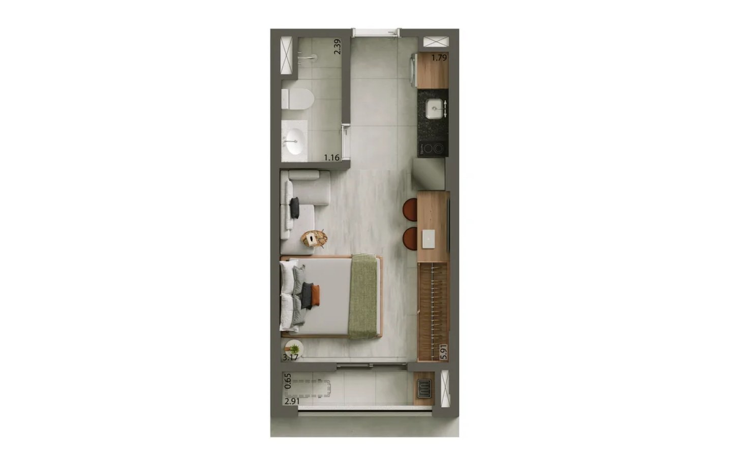Planta de 24 m² com estar e dormir integrados no Alves Pinheiros