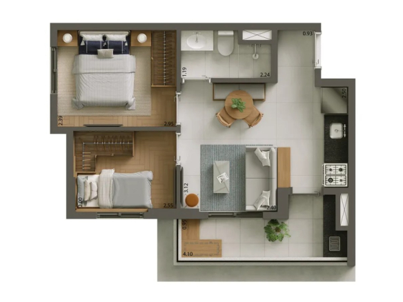 Planta 38 m² - 2 dormitórios - Tipologia A do empreendimento Alves Pinheiros em São Paulo